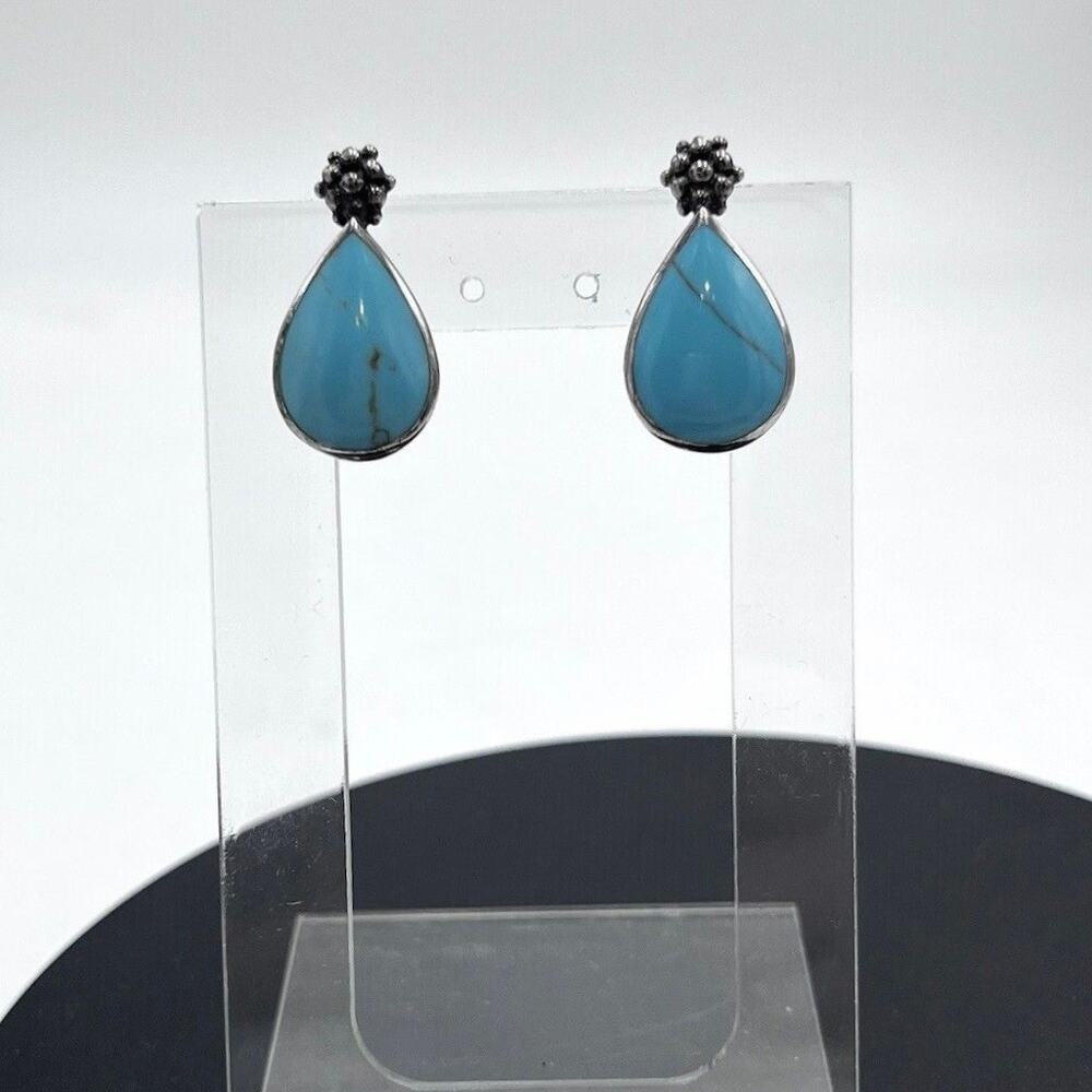 ClJ Turquoise Sterling Silver‎ Teardrop Open Back Metal Work Flower Earrings